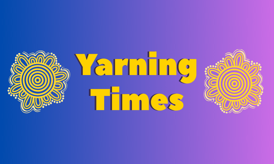 Yellow text "Yarning Times" centered on a blue to purple gradient background, with yellow circular decorative patterns on each side of the text.