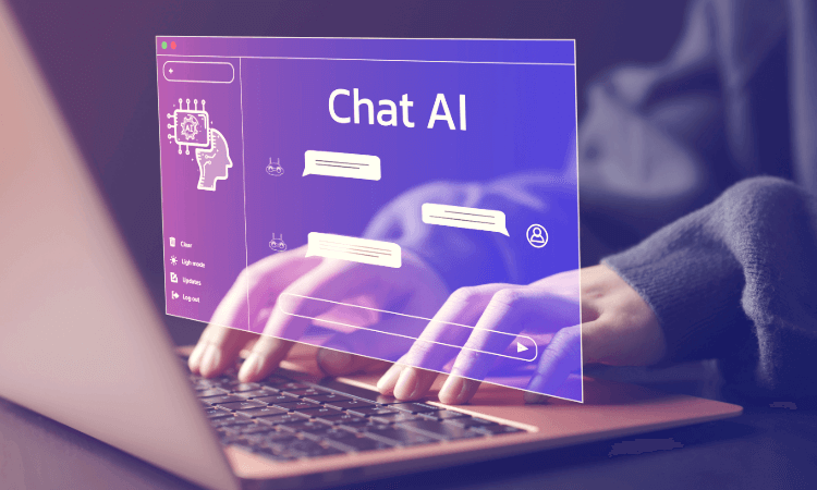 Hands typing on a laptop keyboard with a transparent virtual screen displaying a "Chat AI" interface with chat bubbles.