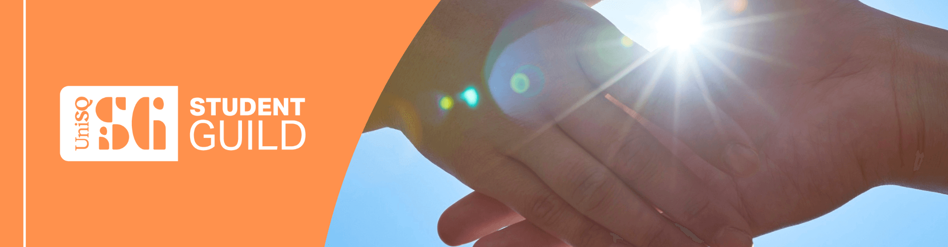 Usq Student Guild logo on an orange background beside a close-up of hands shaking with sunlight in the background.