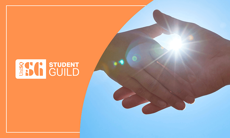 Two hands shaking in sunlight beside a UniSQ Student Guild logo on an orange background.