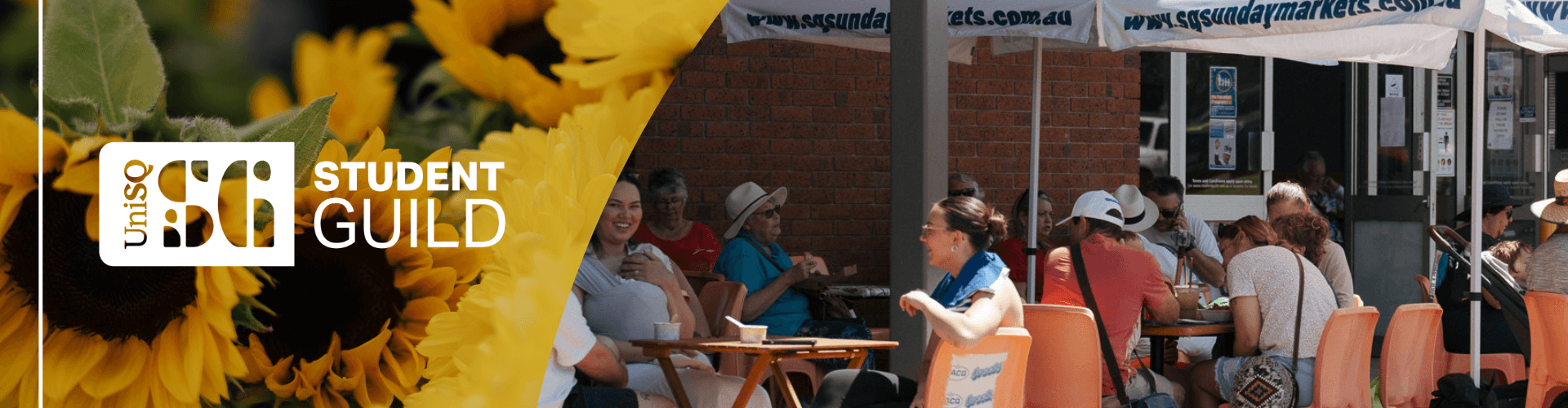 People sitting at outdoor tables under umbrellas near a brick building, with a Student Guild and sunflower graphic on the left side.