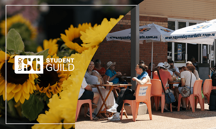 An outdoor table setting with people sitting under umbrellas. UniSQ Student Guild logo on a background of sunflowers. 