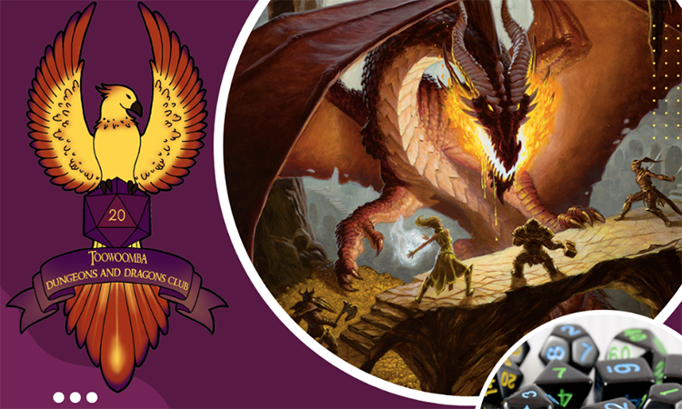 A fantasy-themed Dungeons & Dragons graphic featuring a club logo, adventurers, and dice.