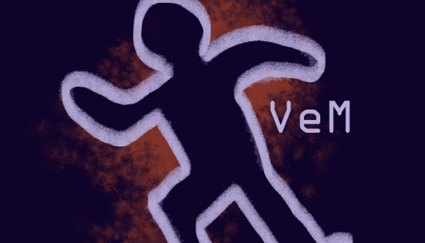 A white chalk outline of a human figure is drawn on a dark background with reddish shading, next to the text "VeM.