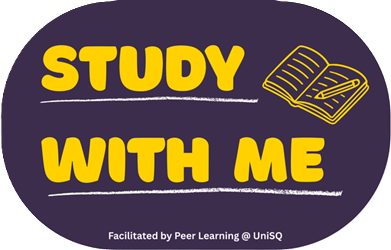 Purple oval graphic with yellow text "STUDY WITH ME," a line drawing of an open notebook, and small white text "Facilitated by Peer Learning @ UniSQ.