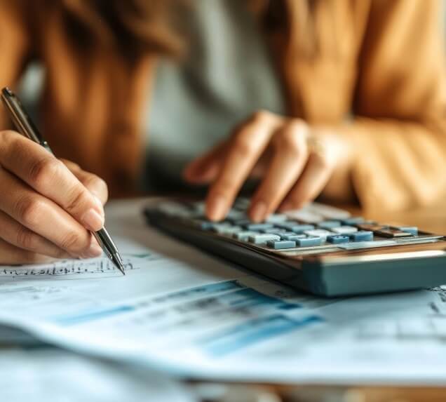 Close-up of a person using a calculator and writing on paper documents with financial data.