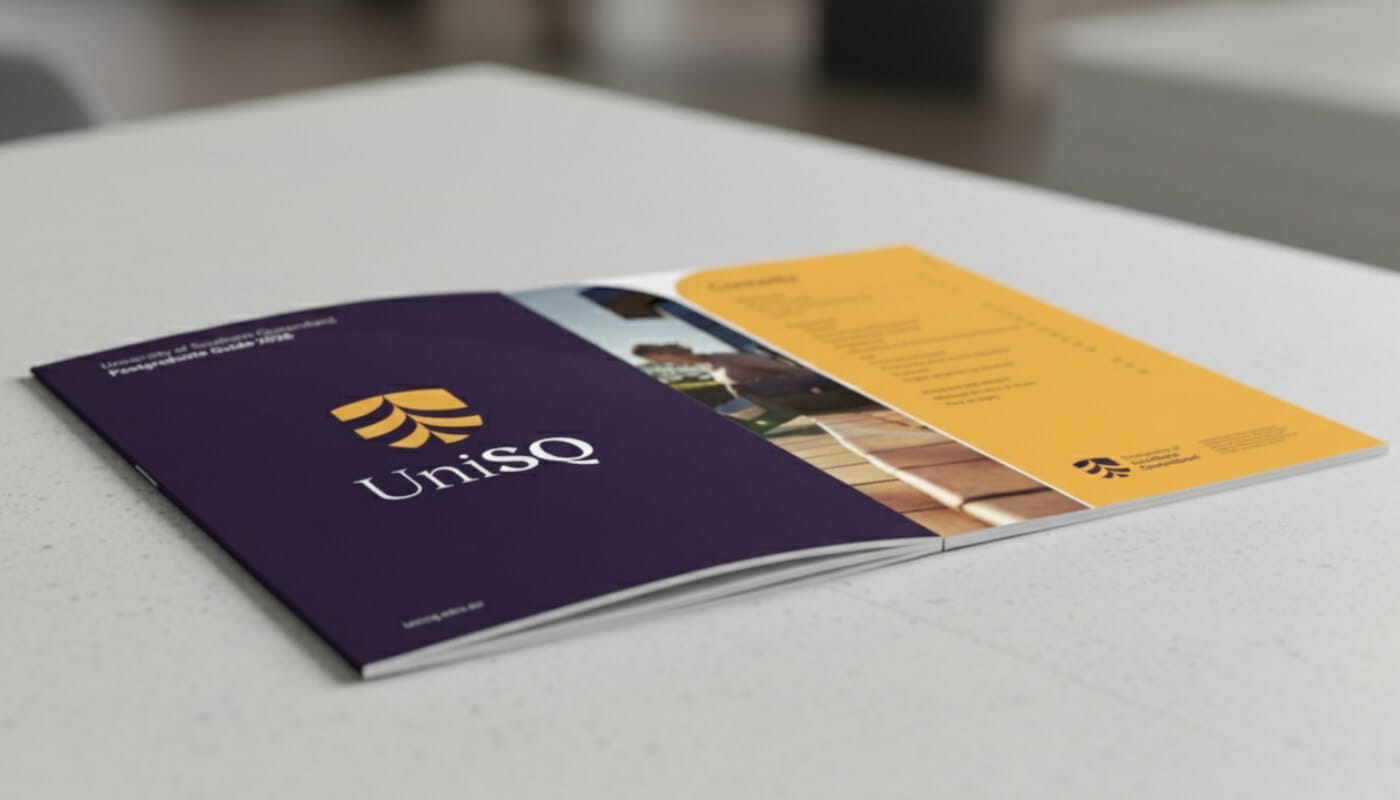Open booklet on a table showing the UnisQ logo on a purple cover and a yellow contents page with a list of sections.