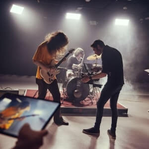 A three-member rock band performs on a stage with bright lights, while someone in the foreground films or photographs them using a tablet.