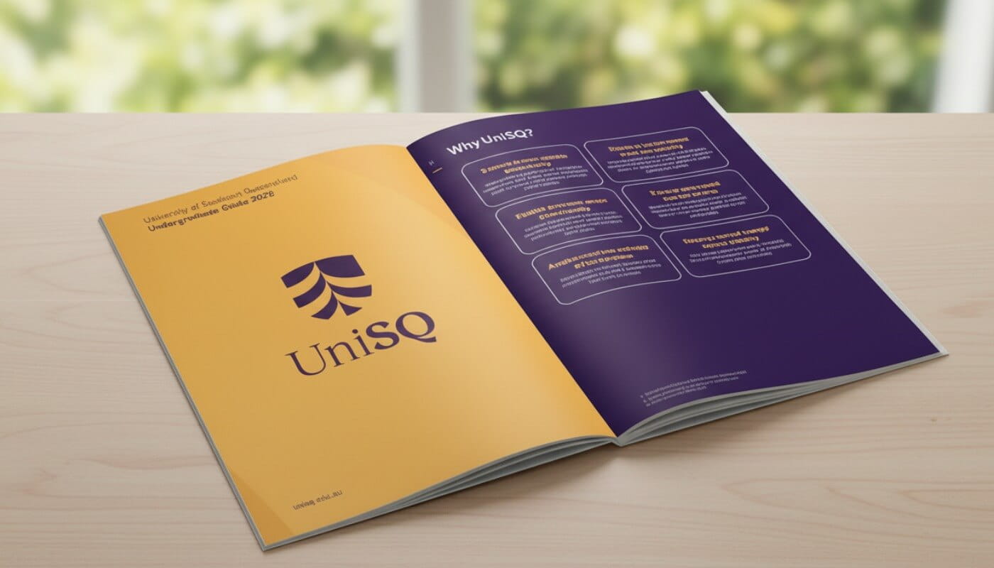 An open UniSQ booklet on a wooden table shows the university logo on the left page and a "Why UniSQ?" section with key points on the right page.