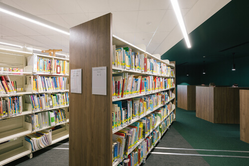 Library shelves full of colourful books