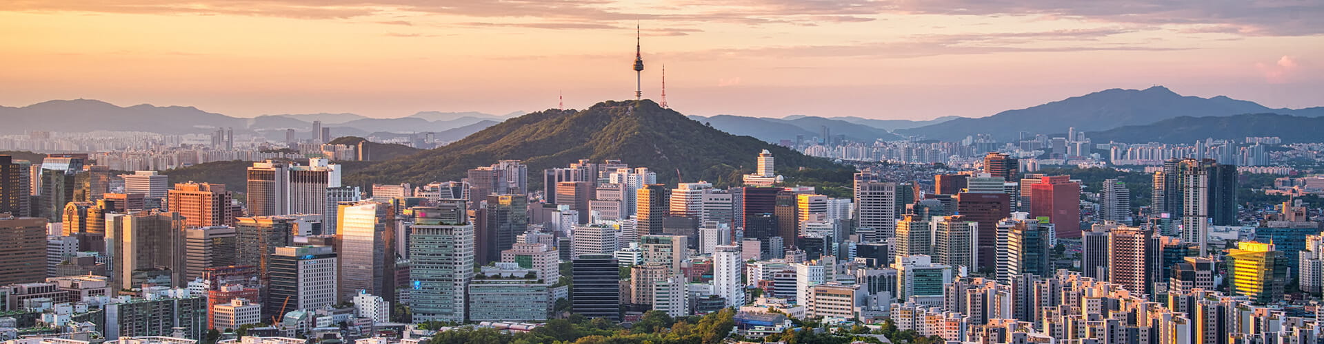 A panoramic view of a city skyline with numerous high-rise buildings, a hill with a prominent tower at the center, and mountains in the background under a partly cloudy sky.