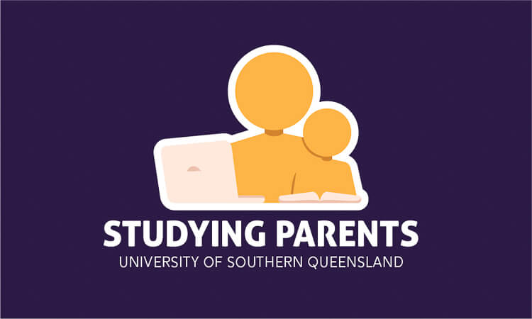 Studying Parents, University of Southern Queensland. Child sits on studying parent's knee. 