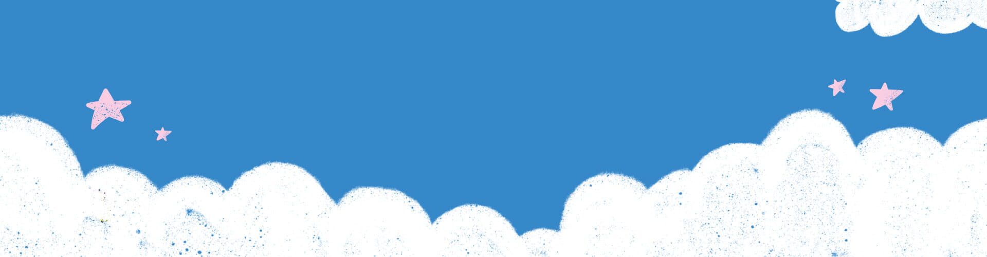 Illustration of a blue sky with white clouds at the bottom and right edges, and three pink stars on the left and right sides.