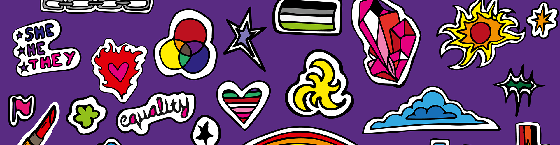 A colorful collection of various stickers on a purple background, including shapes like stars, hearts, clouds, a diamond, and text reading "Equality" and "She/He/They.