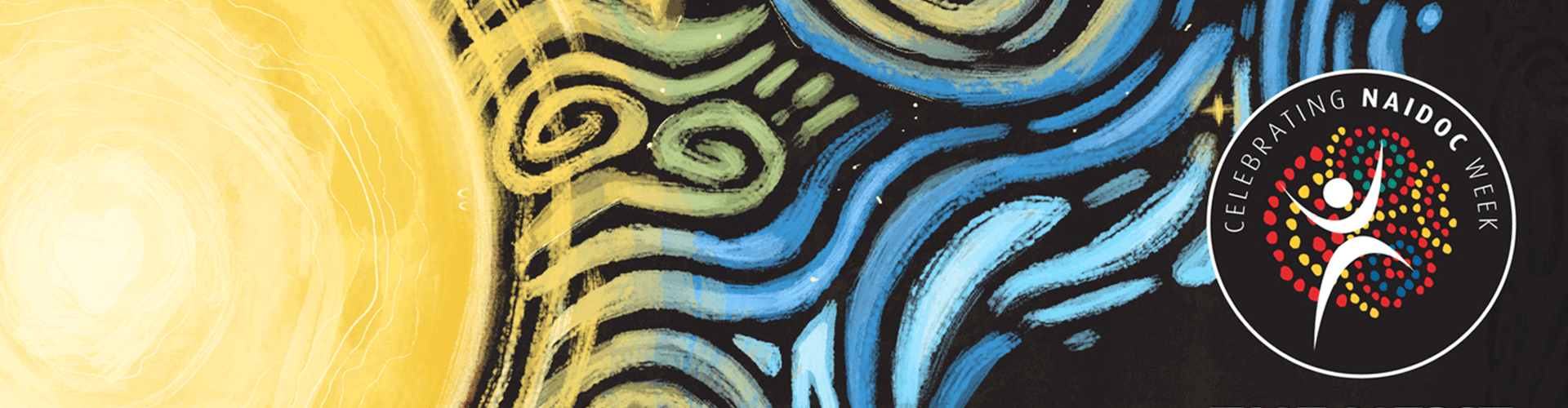 Abstract Indigenous art with swirling yellow, blue, and black patterns, featuring a "Celebrating NAIDOC Week" logo on the right side.
