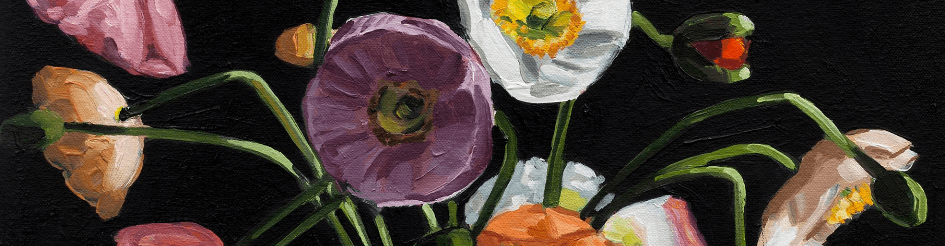 Close-up of an oil painting depicting various poppy flowers in shades of purple, white, orange, and pink with green stems against a black background.