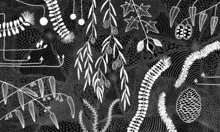 Black and white illustration featuring various stylized leaves, seeds, and botanical elements arranged in an intricate, abstract pattern.