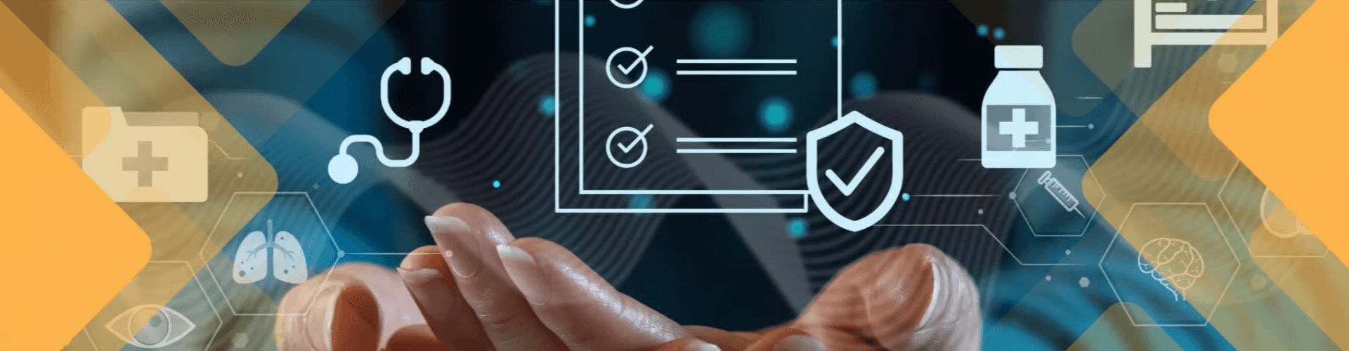 A hand holds out below floating healthcare icons, including a checklist, stethoscope, shield, pill bottle, and medical cross, against a digital background.