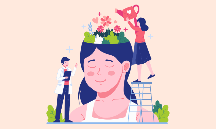 An illustration of a woman with her head open, plants and flowers growing inside. A doctor stands nearby, and another person waters the flowers from a ladder.