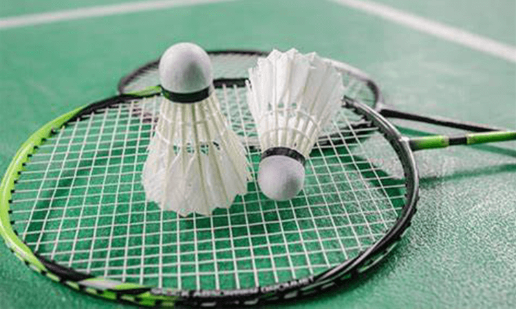 Two badminton rackets and two shuttlecocks on a green badminton court.
