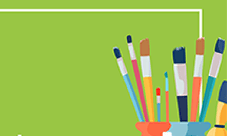 Illustration of various paintbrushes in a holder against a green background with a white horizontal line near the top.