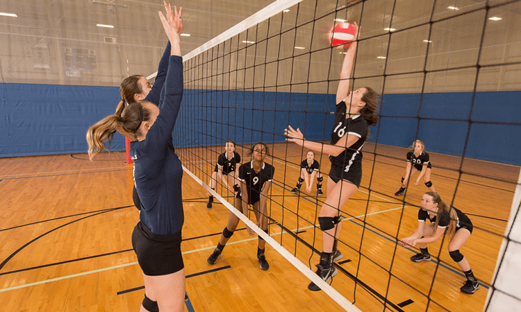 A volleyball player in a black jersey jumps to spike the ball over the net while two players in blue jerseys attempt to block in an indoor gym.