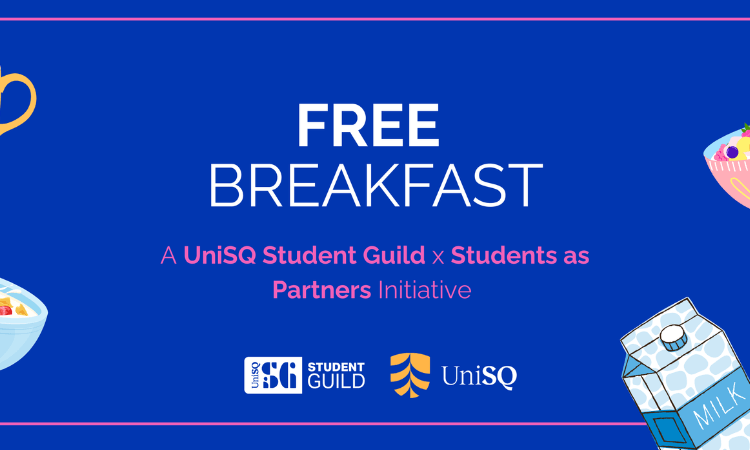 A promotional graphic for a free breakfast event by UniSQ Student Guild and UniSQ, featuring illustrations of breakfast items.