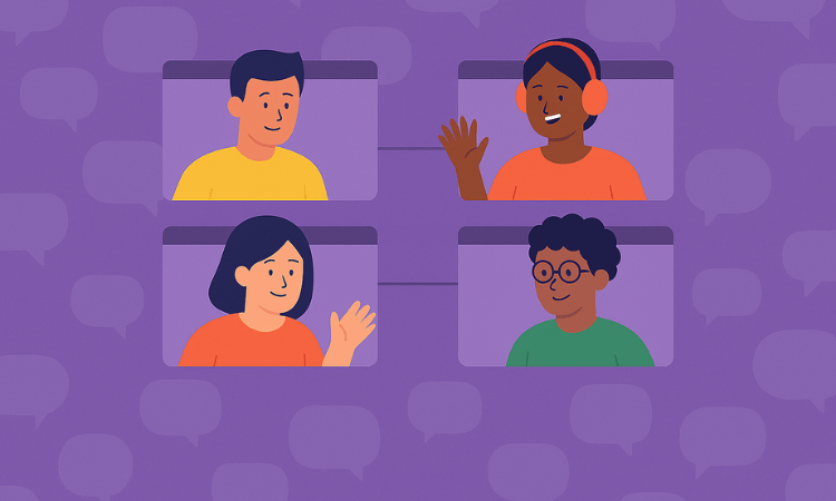 Illustration of four people in separate video chat windows, two waving, set against a purple background with speech bubble icons.