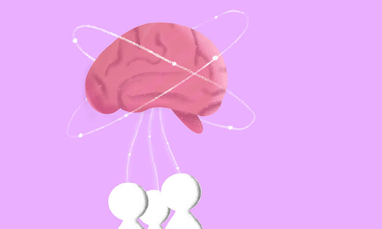 Illustration of brain with whirring protons, neutrons and electrons with information passing to group of people.