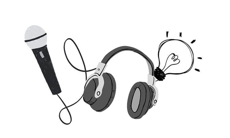 Illustration of a microphone, headphones, and a lightbulb, symbolizing audio and music entertainment.