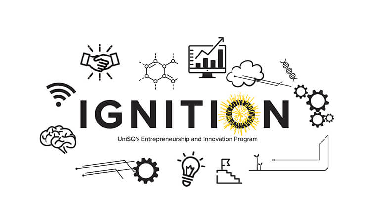 Ignition: UniSQ's Entrepreneurship and innovation program banner with symbolic icons indicating collaboration, science, growth, technology, creativity, and progress.