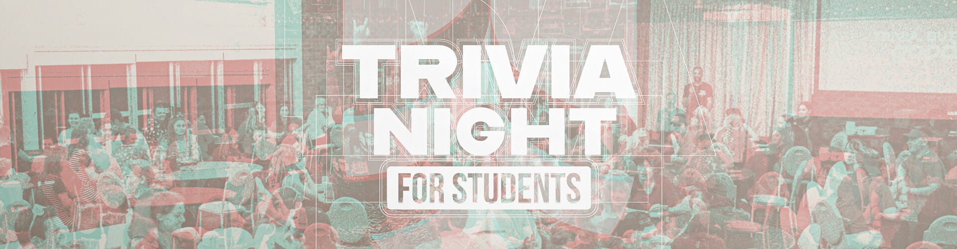 Room full of students seated at tables with the words Trivia Night for Students overlayed on the image