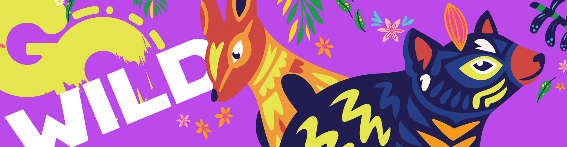 Colourful representation of animals with the wording Go Wild in the background
