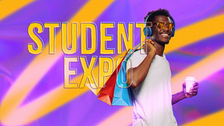 A person walking with headphones on smiling at camera and holding a bag over shoulder. Background is bright colours with the words 'Student Expo'. 