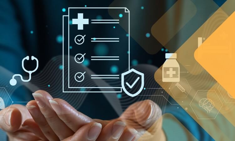 Hands holding various healthcare-related digital icons, including a checklist, medical symbols, and shield representing health and protection.