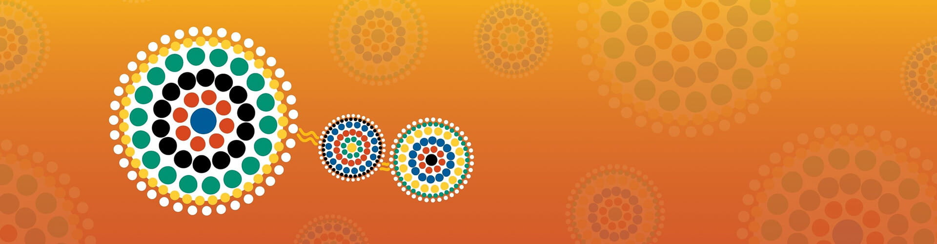 Abstract image featuring three circular patterns composed of multicolored dots, decreasing in size from left to right, set against a gradient orange background.