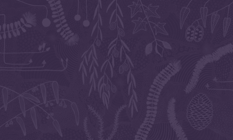 Illustration of various botanical elements, including leaves, pinecones, and ferns, in a monochromatic purple color scheme.