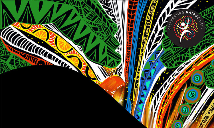 A First Nations artwork with vibrant colors and patterns featuring leaves, traditional motifs, and an emblem that says "Celebrating NAIDOC Week.