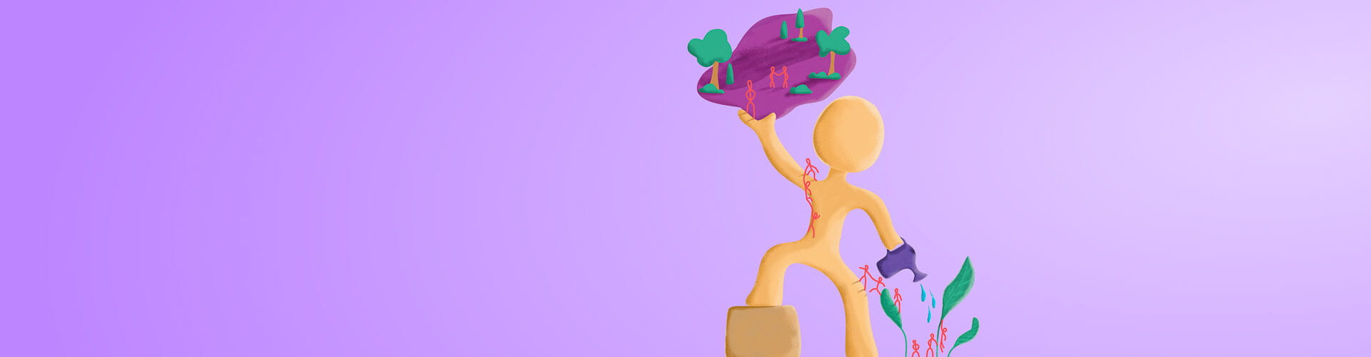A yellow, humanoid abstract figure holds a purple object with green elements against a purple background. Various colorful shapes surround the figure.