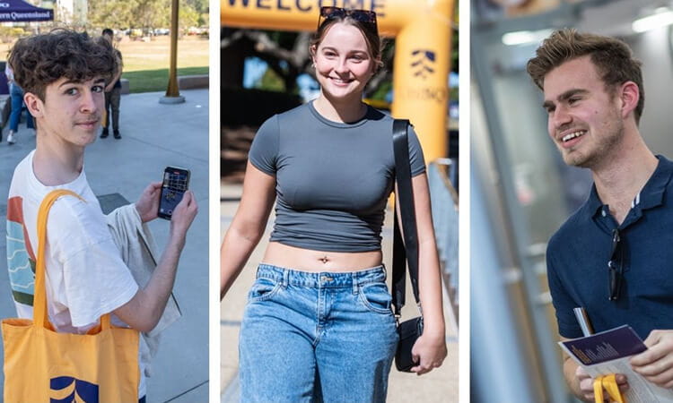 Three people engaged in university life: one holding a smartphone and tote bag, another standing under a 'Welcome' arch, and the third smiling and holding a booklet.