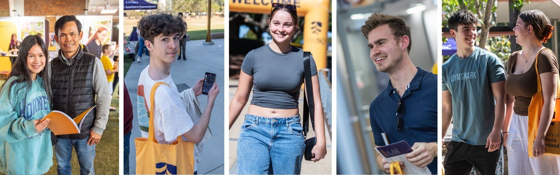 A collage of students at a university orientation event. They are smiling, holding informational materials, and wearing casual clothing.