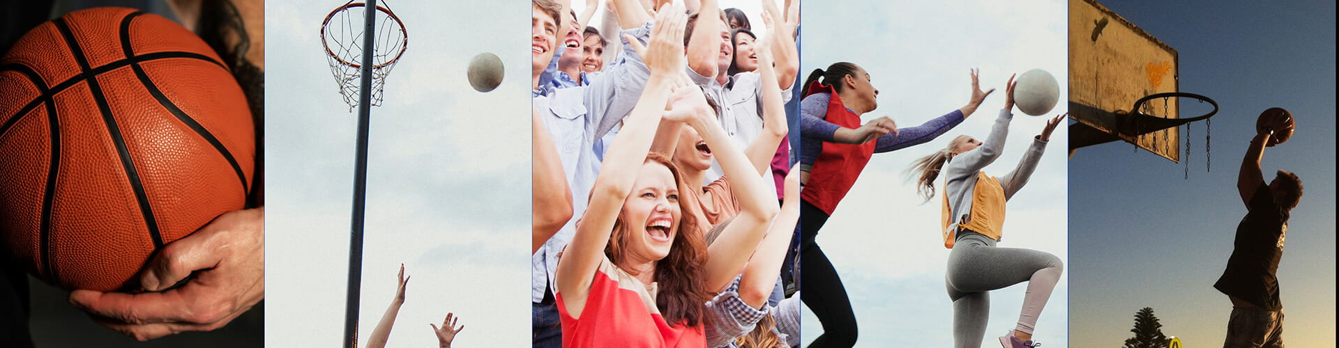 A sequence of five images showing: hands holding a basketball, a netball hoop with a ball, a cheering crowd, a player jumping to shoot, and a player dunking a basketball.