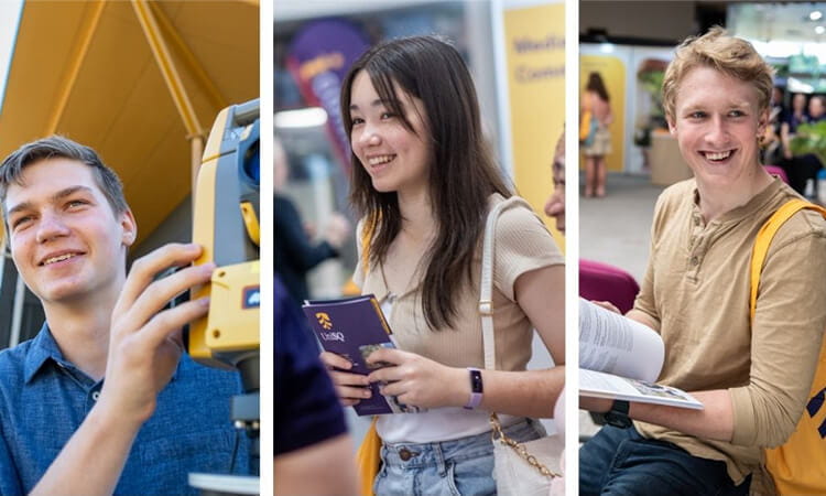 Three students engage in different activities: the first analyzes data from a surveying instrument, the second holds a brochure while smiling, and the third reads a booklet with visible contentment.