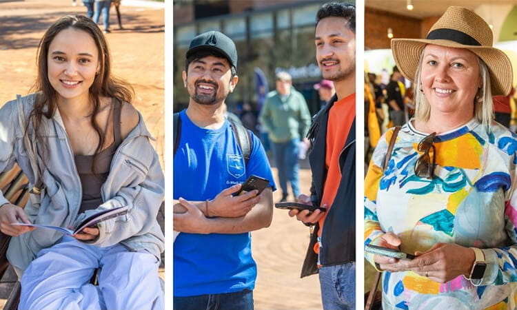 Three images side by side: a young woman sitting on a bench reading a book, two men standing and sharing a laugh, and an older woman in a hat smiling and looking at her phone.