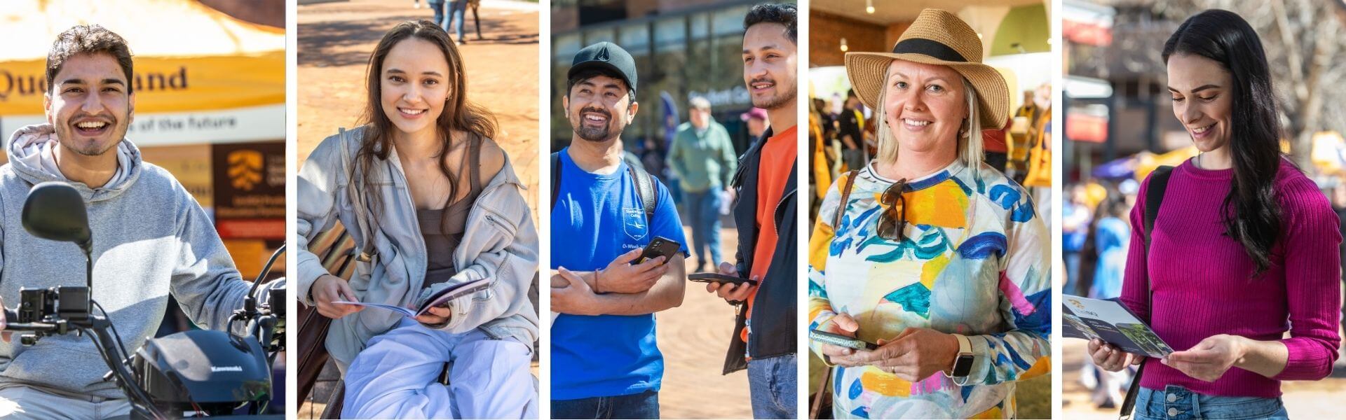 A collage of five people outdoors, each depicted separately. They are holding brochures or devices, smiling, and dressed casually in bright, sunny conditions.