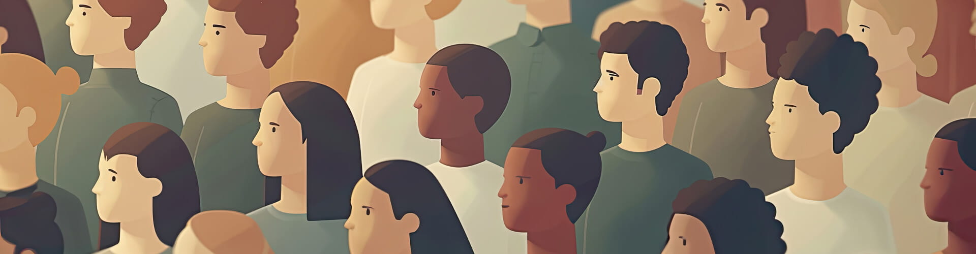 Illustration of a diverse group of people standing together, all facing to the right. The image features various skin tones, hair styles, and clothing.