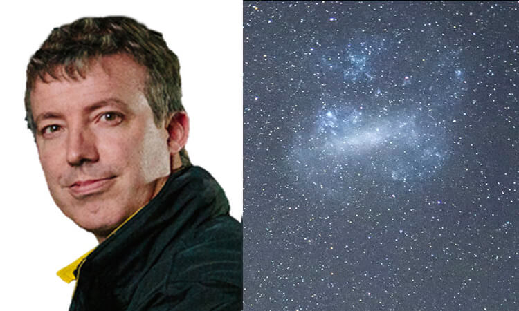 Split image: left side shows a person with short hair in a dark jacket; right side shows a section of a starry night sky.