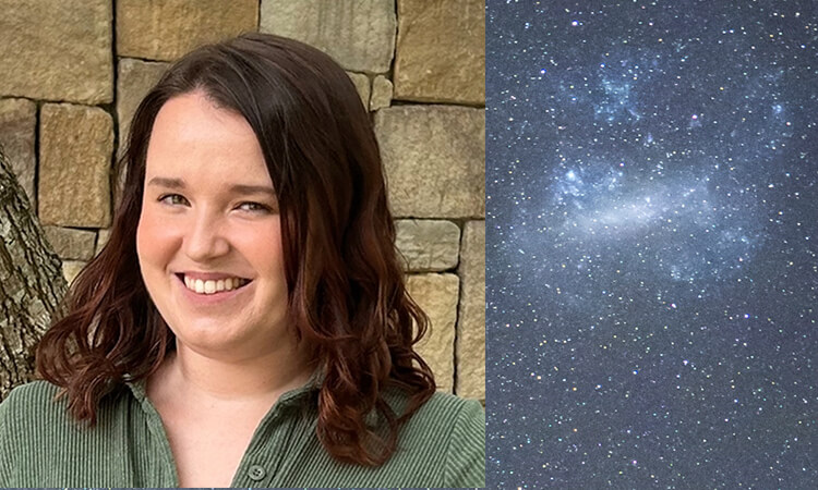 A woman with shoulder-length brown hair stands in front of a stone wall, smiling. To the right, an image of a star-filled night sky is shown.