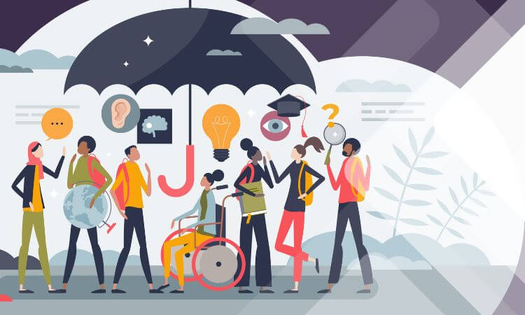 Illustration of diverse people, some with disabilities, discussing various topics beneath a large umbrella with symbols for ideas, education, and interconnectedness.