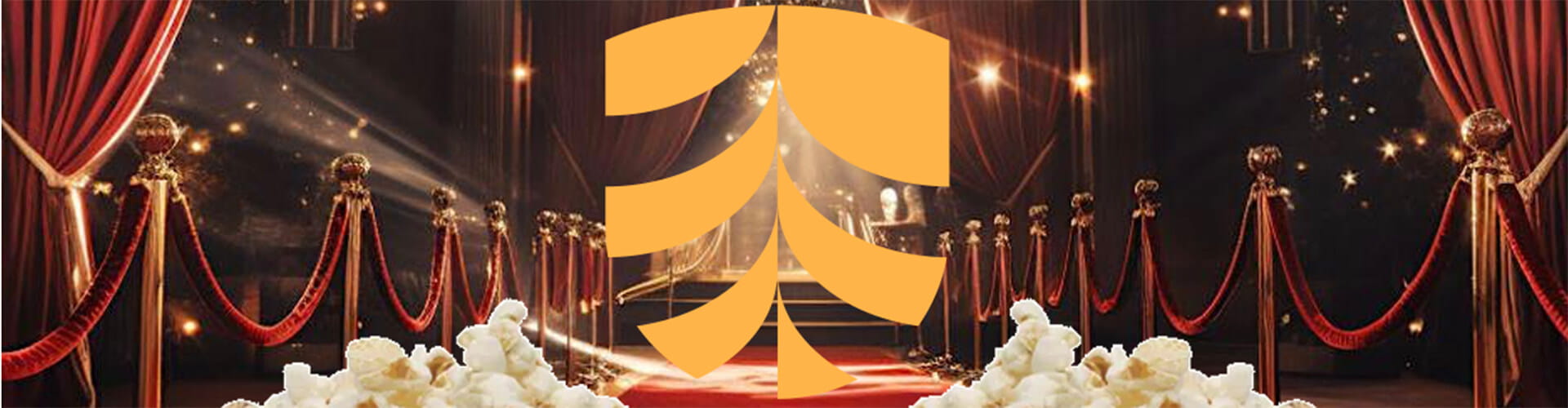 A glamorous theater setting with red curtains, golden ropes, and a glowing emblem. Popcorn is scattered in the foreground.